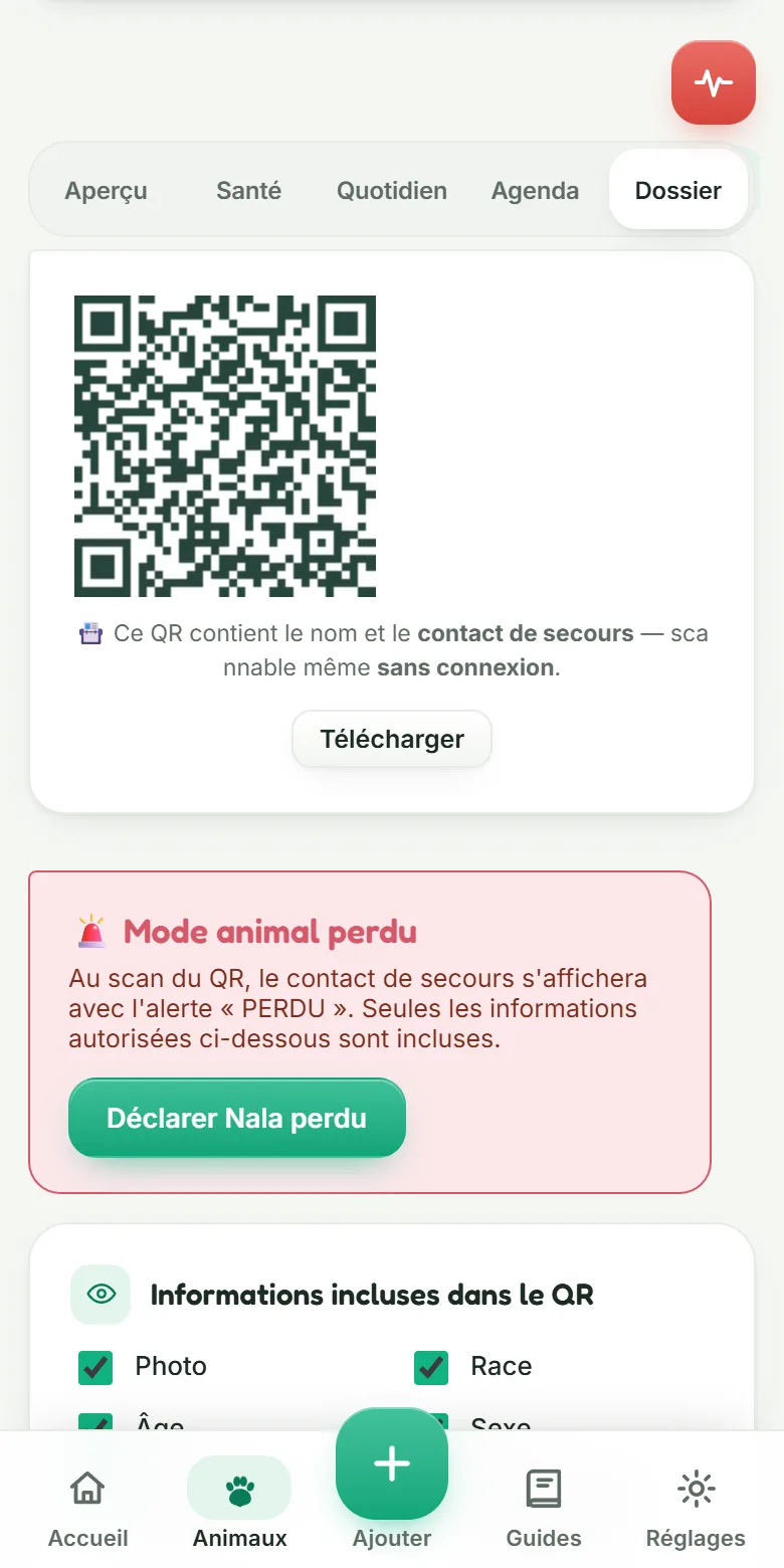 Onglet QR code de Nala dans Pawtoun : QR à télécharger, mode animal perdu et choix des informations incluses
