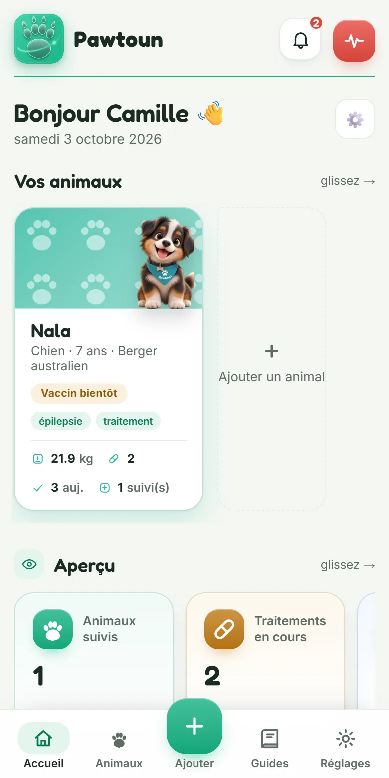 Accueil de Pawtoun : Bonjour Camille, la fiche de Nala avec le prochain vaccin, ses suivis et sa mascotte